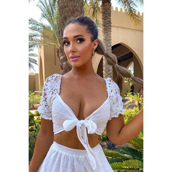 White Lace Trim Short Sleeve Crop Top and High Waist Mini Skirt Two Piece Set - Picture 10 of 14